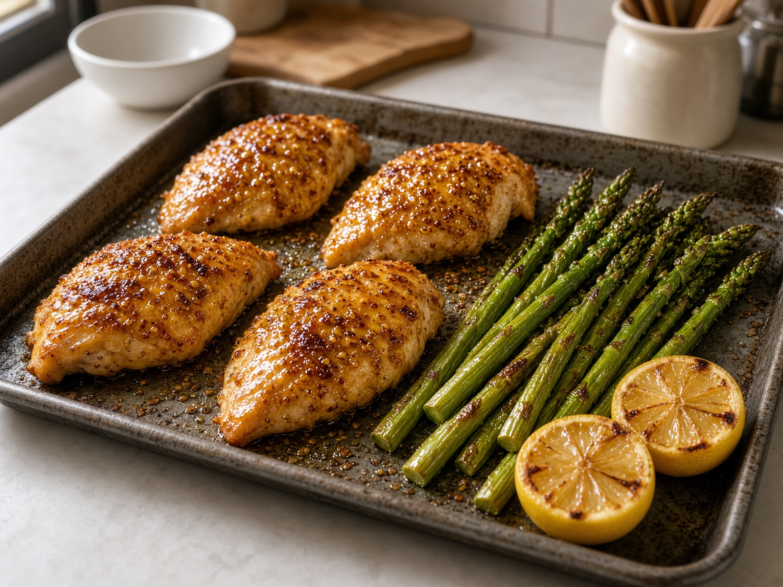 Sheet-pan honey mustard chicken and asparagus